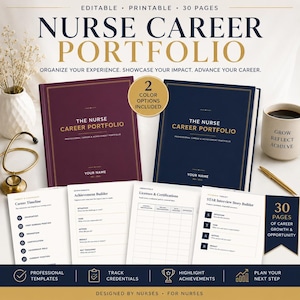 May include: A 30-page editable and printable nurse career portfolio set featuring two binders in burgundy and navy blue with gold text. Includes interior page templates for career timelines, achievement builders, and credential tracking.