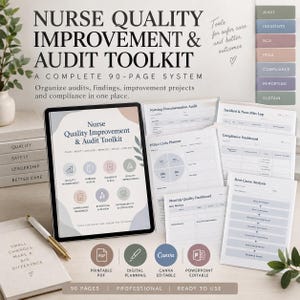 May include: A Nurse Quality Improvement & Audit Toolkit digital system featuring a 90-page printable planner. The display shows a tablet with a dashboard, various audit forms, PDSA cycle planners, and root cause analysis templates in soft pastel colours.