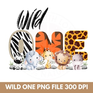 Wild One 1st Birthday Safari Jungle Animals Kids Design Watercolor effect T-shirt transfer design PNG, Digital Download