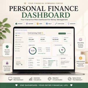 Pode incluir: Um painel de finanças pessoais exibido na tela de um laptop, com seções para orçamento, poupança, dívidas, contas, fluxo de caixa e insights. A interface mostra métricas financeiras, um gráfico de visão geral do orçamento e categorias de gastos.