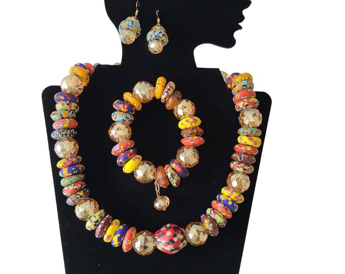 Handmade African Fashionable Beaded Jewelry Sets for Women, 3pc Necklace Bracelet Earrings Wedding Party Jewelry