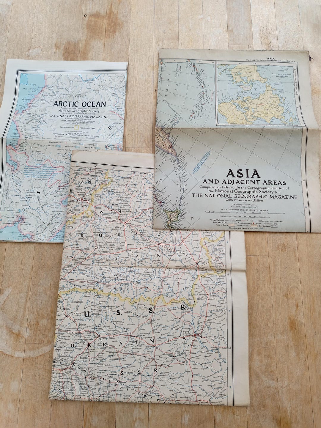 Informative Collection of Vintage Paper Maps X 3 - Arctic Ocean, Asia ...
