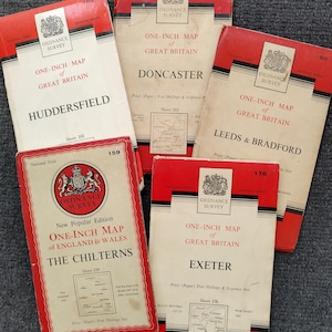 Lot de 5 cartes routières en papier pliantes pour l'Ordnance Survey, vintage 1945-1960 - Doncaster, Exeter, LeedsBradford, The Chilterns, Huddersfield