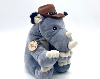 Mitch the Rhino cowboy- Upcycled soft toy by Second Hugs/Rhino soft toy/ Pre loved/Handmade clothes/ Safari gift