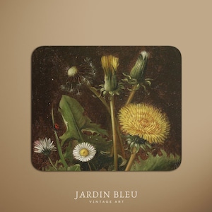 May include: A vintage-style floral print featuring dandelions, daisies, and a ladybug. The image has a dark brown background and the text "JARDIN BLEU VINTAGE ART" at the bottom. The artwork showcases a detailed botanical illustration.