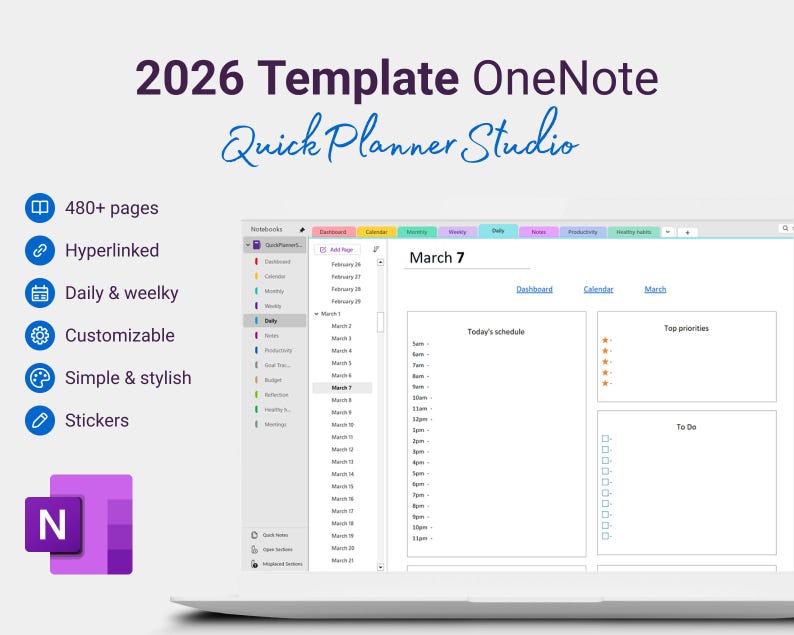 2026 Onenote Digital Planners Minimalistic Daily Weekly Planning