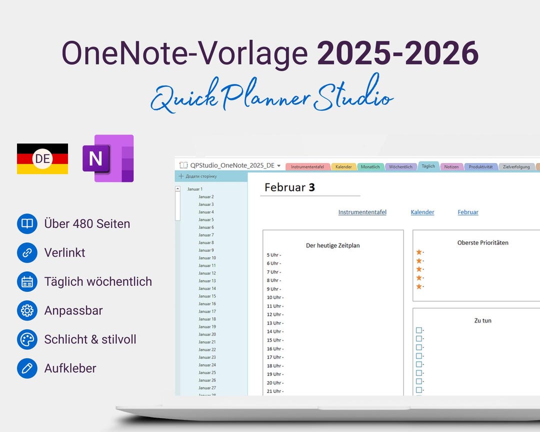 2025 Und 2026 Onenote Digital Planners Bündel Deutsch Täglich