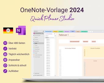 OneNote 2024 Digitaler Planer Deutsch - Vorlage für tägliche, wöchentliche und monatliche Planung; Kompatibel mit PC, Notebook, Tablet