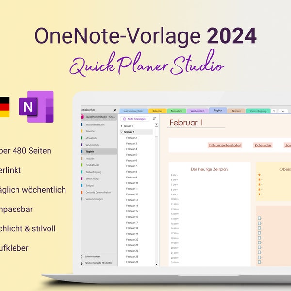 OneNote 2024 Digitaler Planer Deutsch - Vorlage für tägliche, wöchentliche und monatliche Planung; Kompatibel mit PC, Notebook, Tablet