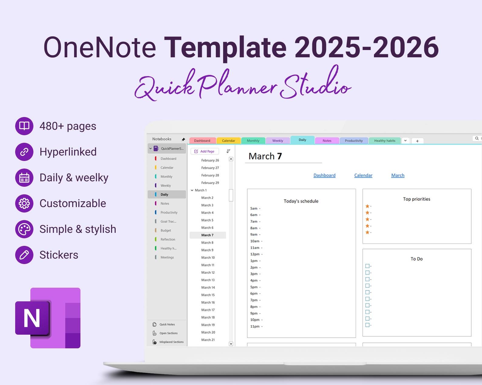 2025 and 2026 OneNote Digital Planners Minimalistic Bundle Daily Weekly Planning Project Management And Work PC Notebook Tablet white color
