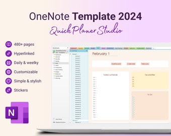 Modèle de planificateur numérique professionnel OneNote 2024 Planification quotidienne hebdomadaire et mensuelle pour la gestion de projet et le travail d'un PC, d'un ordinateur portable, d'une tablette