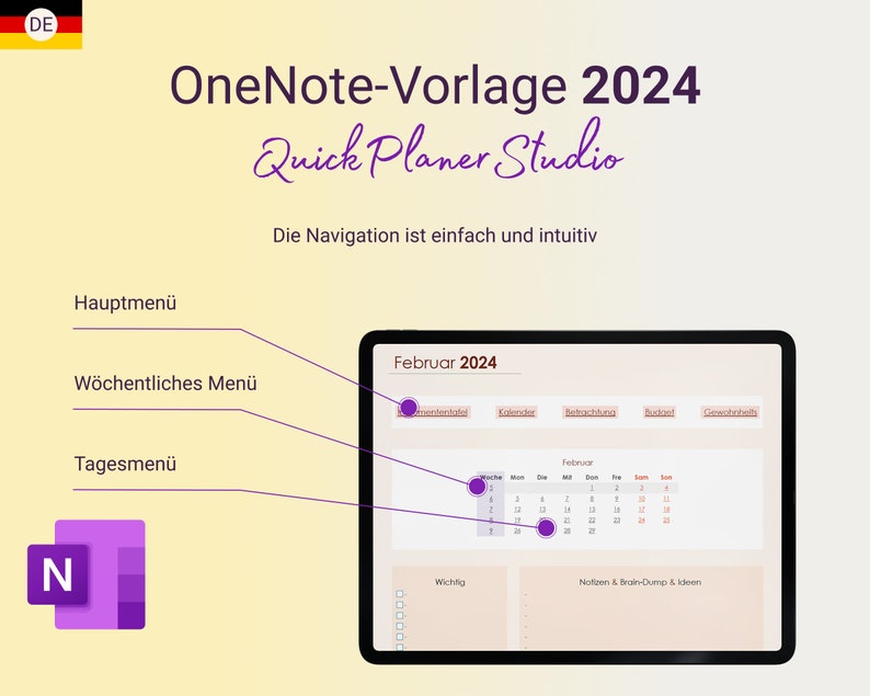 Onenote 2024 Digitaler Planer Deutsch Vorlage Für Tägliche 