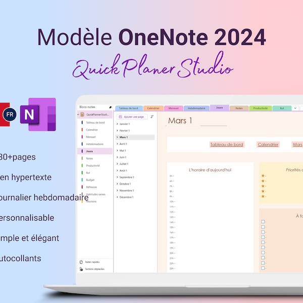 Modèle de planificateur numérique OneNote 2024 planification quotidienne hebdomadaire et mensuelle pour PC ordinateur portable et tablette