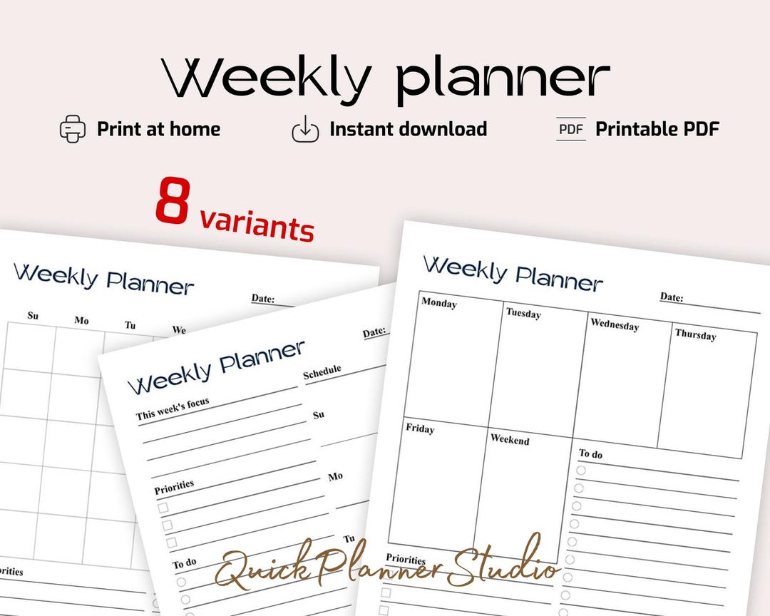 Undated Weekly Planner Blank Printable Weekly Schedule A4 & Letter Size ...
