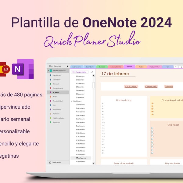 Plantilla de planificador digital OneNote 2024 Español - para planificación diaria, semanal y mensual; Compatible con PC, portátil, tableta