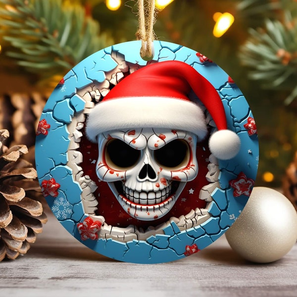 3D Santa Skull Christmas Ornament Sublimation PNG, Break Through Design Round Ornament Template, DIY Xmas Ornament, Instant Digital Download
