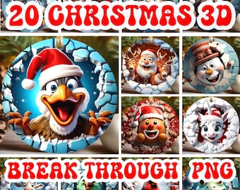 May include: 20 Christmas 3D Break Through PNG. A collection of 20 round Christmas ornaments with various 3D characters and designs. The ornaments are designed to look like they are breaking through a wall or surface. The characters include Santa Claus, a snowman, a reindeer, a bird, a unicorn, a gingerbread man, a parrot, a frog, a giraffe, and a cardinal.