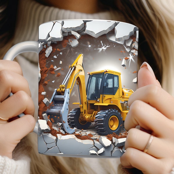 3D Excavator Hole in a Wall Mug Wrap PNG Kids Sublimation Mug Breakthrough Design 11oz & 15oz Mug Template Instant Digital Download