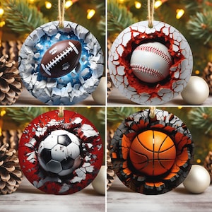 12 Sports Balls 3D Christmas Ornament Sublimation PNG, American Football, Baseball Break Through, Round Ornaments, DIY Xmas Tree Decorations