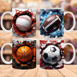 12 pelotas deportivas 3D Taza Envoltura PNG Agujero en un paquete de sublimación de pared, fútbol americano, béisbol, pelota de fútbol Plantilla de taza de café de 11 oz y 15 oz