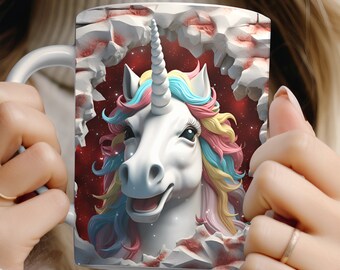 3D Rainbow Unicorn Mug Wrap PNG: Sublimation Design (Digital Download)