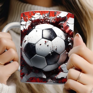 Soccer ball 3D Mug Wrap PNG Hole in Wall 3D Football Sport Sublimation Mug Designs for 11oz & 15oz Mug Template Instant Digital Download