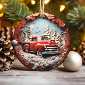 3D Red Truck Ornament Sublimation PNG, Christmas Vintage Truck Round Ornament, Break Through PNG, Farmhouse Ornament, 2 Digital Download