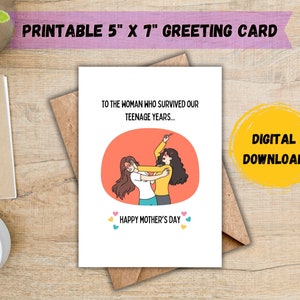 A la mujer que sobrevivió a nuestra adolescencia; Tarjeta del Día de la Madre; Tarjeta divertida del Día de la Madre; Tarjeta para mamá; Tarjeta de Gracias Mamá; DESCARGA DIGITAL