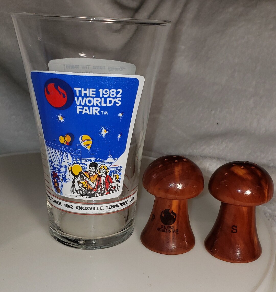 1982 Worlds Fair Glass With 1982 Worlds Fair Salt and Pepper Shakers ...