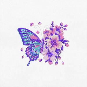 May include: A vibrant illustration of a butterfly and flowers. The butterfly's wings display shades of blue, purple, and pink, with detailed patterns. The flowers are a mix of pink and purple, creating a colourful and artistic design.