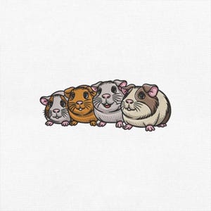 May include: An embroidered design featuring four cartoon guinea pigs in a row. The guinea pigs have varying colors, including brown, gray, and white, with pink ears and smiling faces. The design is on a white background.