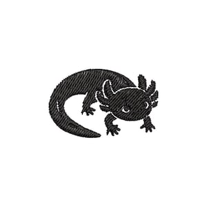May include: Black embroidered axolotl design. The axolotl is depicted in a side profile, with visible gills, small legs, and a curved tail. The design is on a white background.