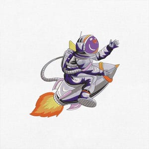 May include: An illustration of an astronaut in a purple and silver spacesuit waving from a rocket. The rocket has orange flames and is set against a white background. The astronaut's helmet is purple with a smiley face.