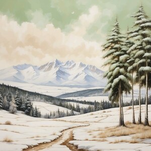 Oil painting/Canvas of a snowy field of tall grasses and snowy trees, art/Prints Downloadable Printables Digital Print