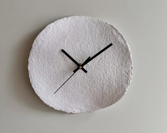 White Round Wall Clock with Deckle Edge, Recycled Handmade Paper Clock – Eco Friendly Decor