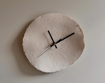Beige Round Wall Clock with Deckle Edge, Recycled Handmade Paper Clock – Eco Friendly Decor