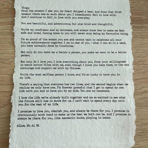 May include: A handwritten letter on textured paper with the text "Yingy" at the top. The letter is a heartfelt message of love and commitment, signed "Alice, Wo Ai Ni" at the bottom. The paper has a deckled edge.