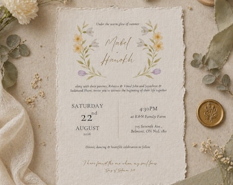 Invito di nozze su carta con bordi sfrangiati / Stampe con texture strappata a mano