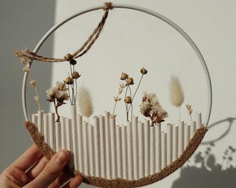 Dried Flower Wall Hanging Wreath - Handcrafted Rustic Wall Hanging - Dry Flower Decor - Boho Wall Art Hoop