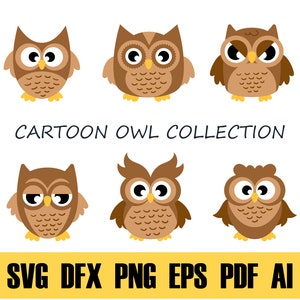 Op de afbeelding: Een verzameling van zes cartoon-uilen met bruine lichamen en gele snavels. De uilen hebben verschillende gezichtsuitdrukkingen, waaronder verbaasd, boos en slaperig. De tekst "CARTOON OWL COLLECTION" staat onder de uilen. De tekst "SVG DFX PNG EPS PDF AI" staat onder de tekst.