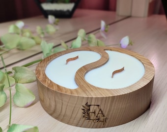 Hand gegoten sojawaskaars in houten kom, houten lont geurkaars, aromatherapie - 2 vaten Yin Yang vorm, rustiek huisdecor