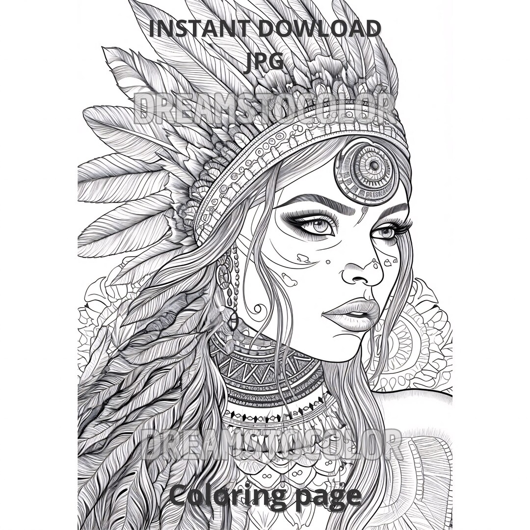 Indian Princess/ Coloring Page / Printable Adult Coloring Page Book