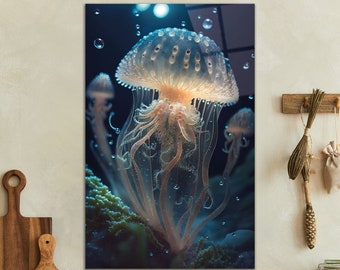 Jellyfish Tempered Glass -Abstract Wall Art-Office Wall Glass Print-Large Wall Decor-Jellyfish Wall Art-Aquarium Wall Art