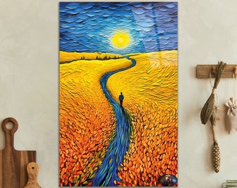 Tempered Glass Wall Art-Van Gogh Style Glass Art -Field of Wheat Tempered Large Glass Wall Art- Housewarming Gift- Ocean Wall Decor Glass