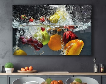 Fruits Splash Tempered Glass Art -Kitchen Wall Art-Abstract Wall Art-Office Wall Glass Print-Large Wall Decor-Colorful Wall Art