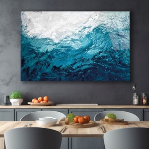 Tempered Glass Abstract Wall Art- Blue Ocean Glass Print-Large Wall Decor-Sea Wave Wall Art-Ocean Wave Art