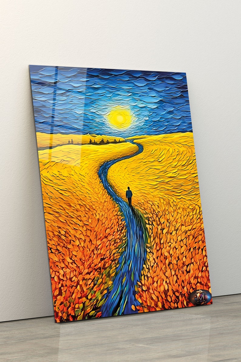 Tempered Glass Wall Art-Van Gogh Style Glass Art -Field of Wheat Tempered Large Glass Wall Art- Housewarming Gift- Ocean Wall Decor Glass image 2