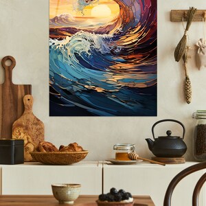 May include: A colorful abstract painting of a large wave crashing in the ocean at sunset. The wave is made up of many different shades of blue, green, and orange. The sun is setting in the background, casting a warm glow over the scene.