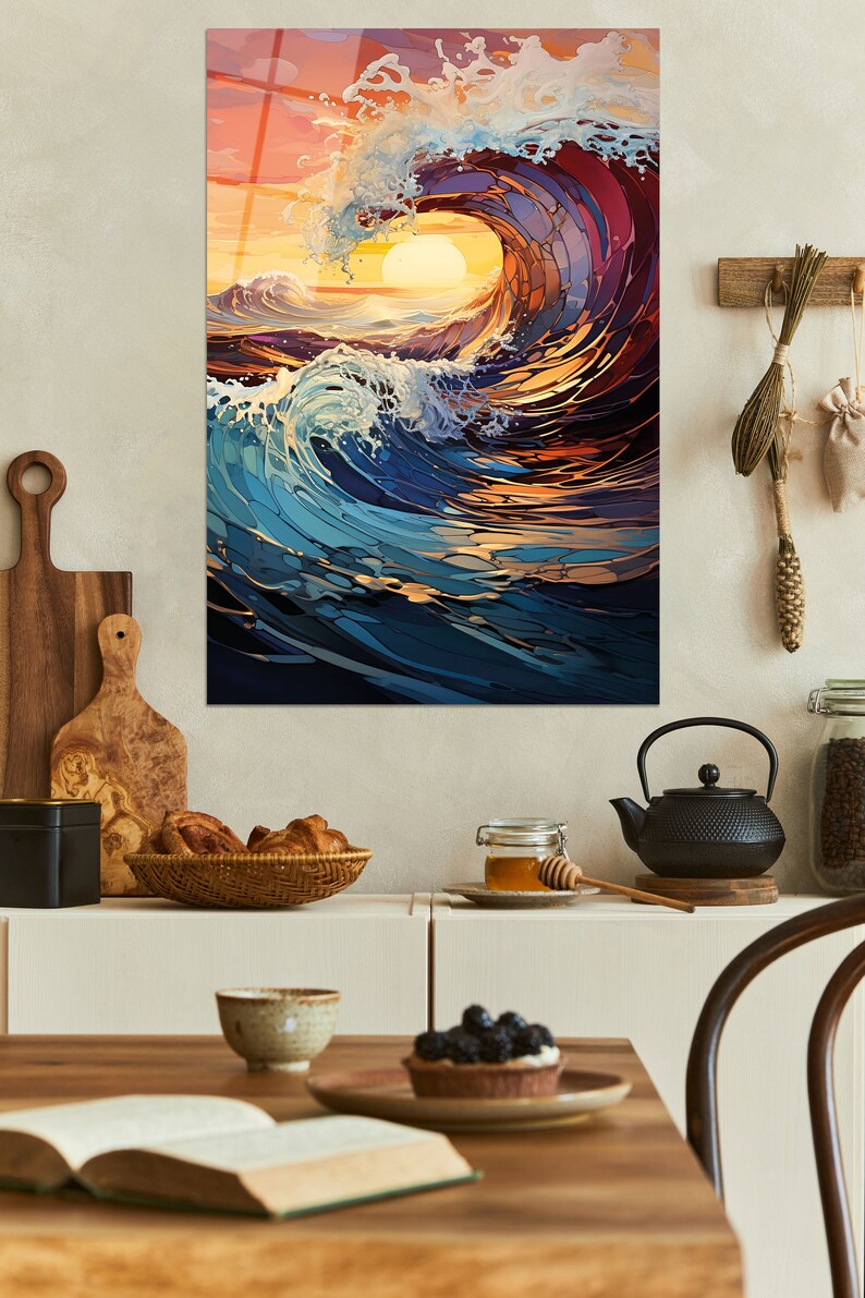 May include: A colorful abstract painting of a large wave crashing in the ocean at sunset. The wave is made up of many different shades of blue, green, and orange. The sun is setting in the background, casting a warm glow over the scene.