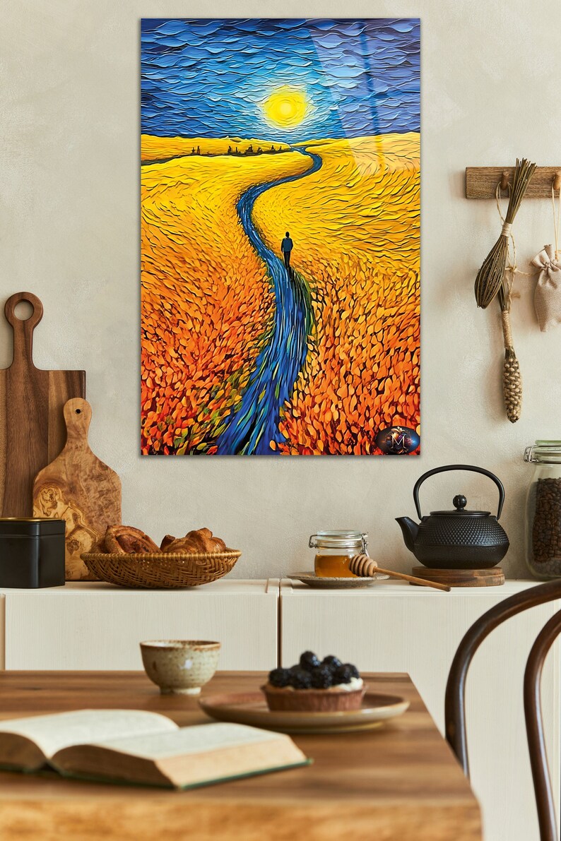Tempered Glass Wall Art-Van Gogh Style Glass Art -Field of Wheat Tempered Large Glass Wall Art- Housewarming Gift- Ocean Wall Decor Glass image 1